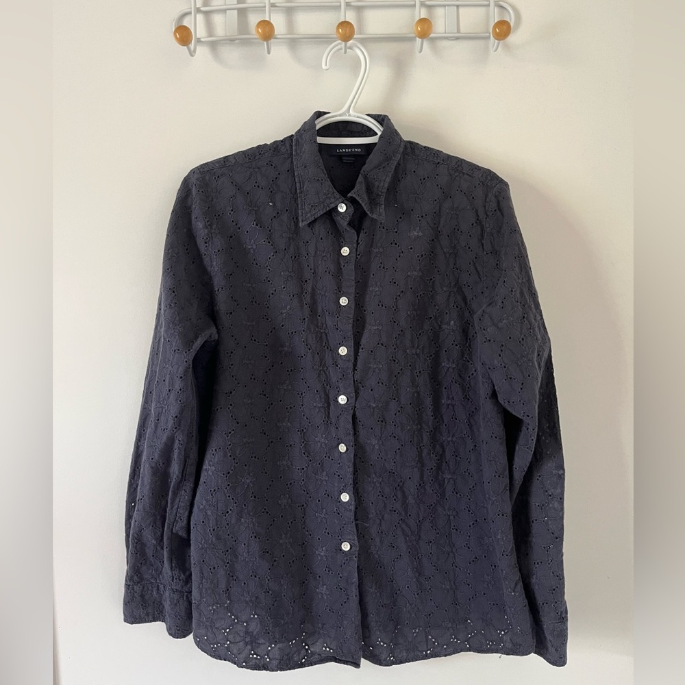 Lands' End Women's Navy Eyelet Button Down Shirt